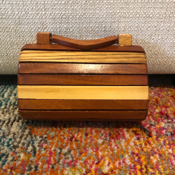 VTG 70s Boho wooden box mini bag handle crossbody - Picture 4 of 7